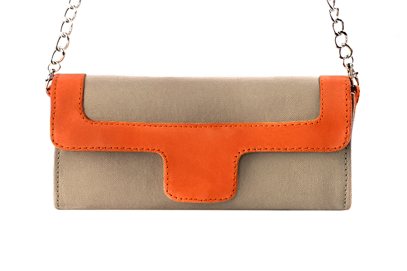 Women's tan beige and clementine orange luxurious elegant clutch for ceremonies, weddings and evenings out. - Profile view